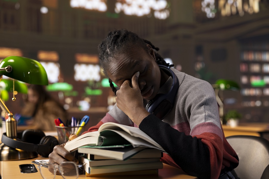 Frustrated black student studying